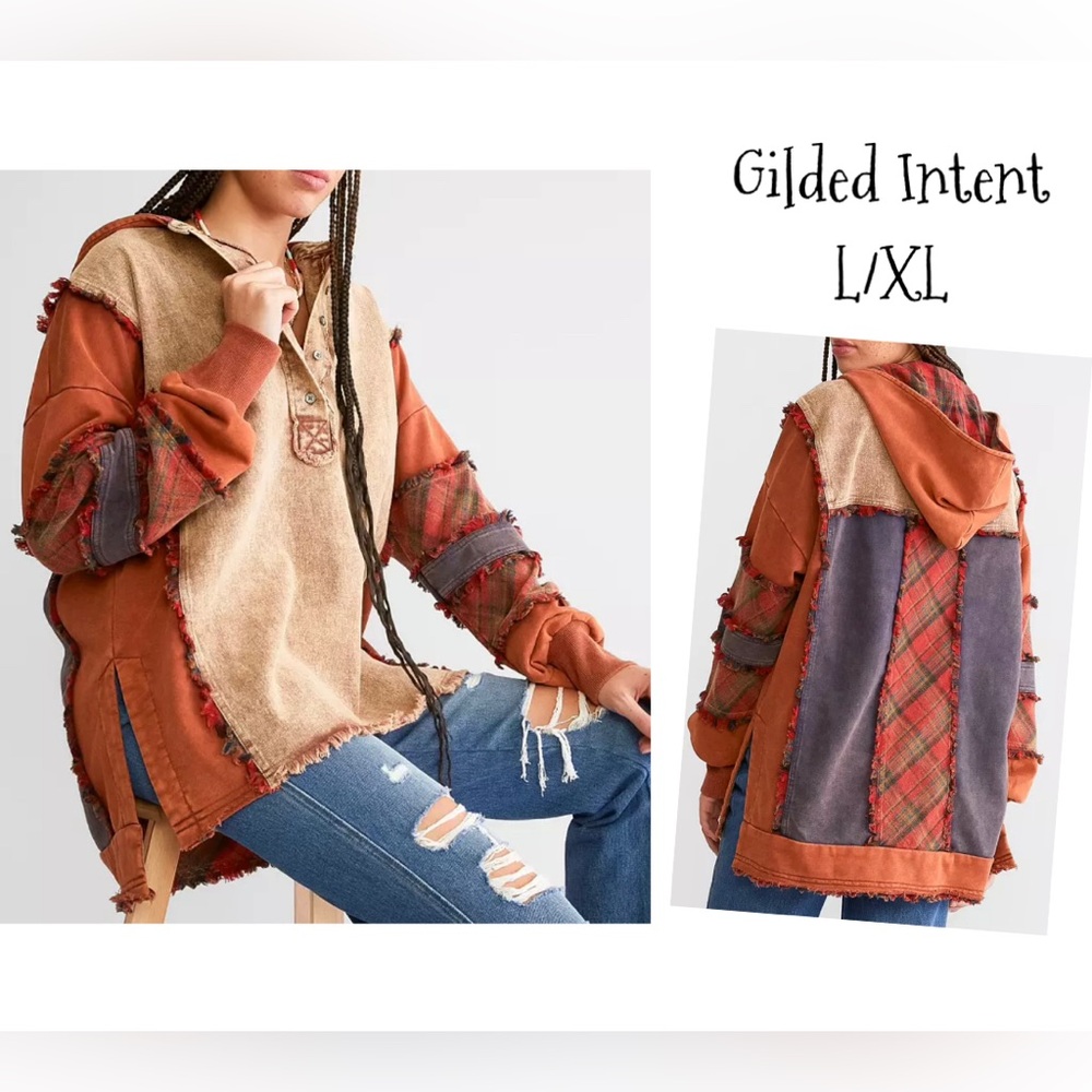 Gilded Intent L / XL Pullover Hoodie Plaid Patchwork Raw Hem‎ Long Sleeve Large
